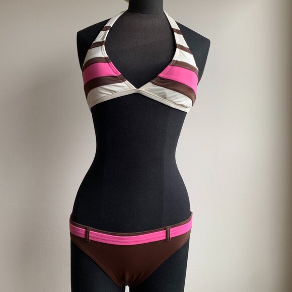 Billabong surf BLUE CRUSH era Vintage bikini pink brown belted halter top RARE - Picture 2 of 8